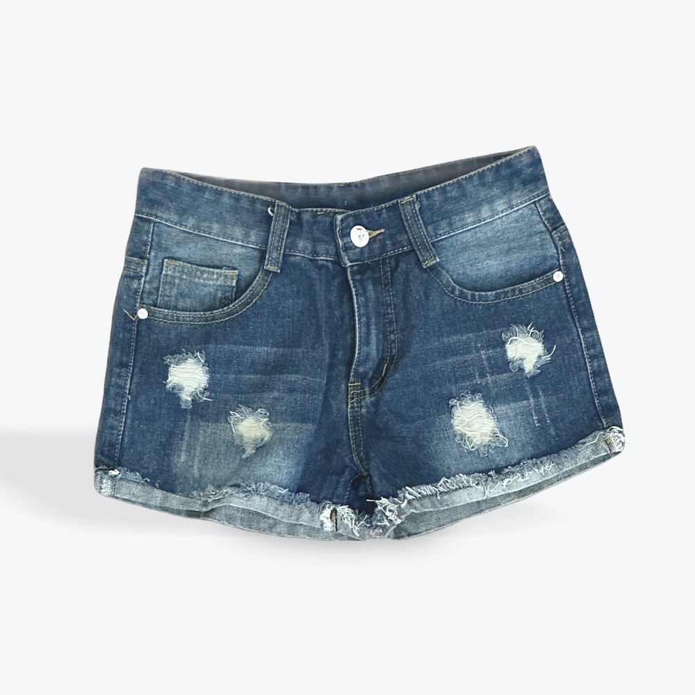 Women Distressed Denim Cut Off Shorts Blue Low Rise Ripped Size‎ 26 NWT